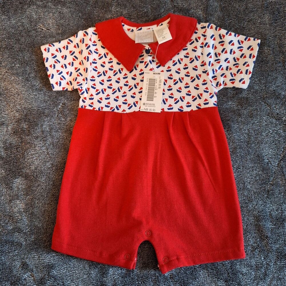Vintage Magic Years Unisex Baby Outfit Red/White/Blue 6-9Mo. Nautical Sail Boats